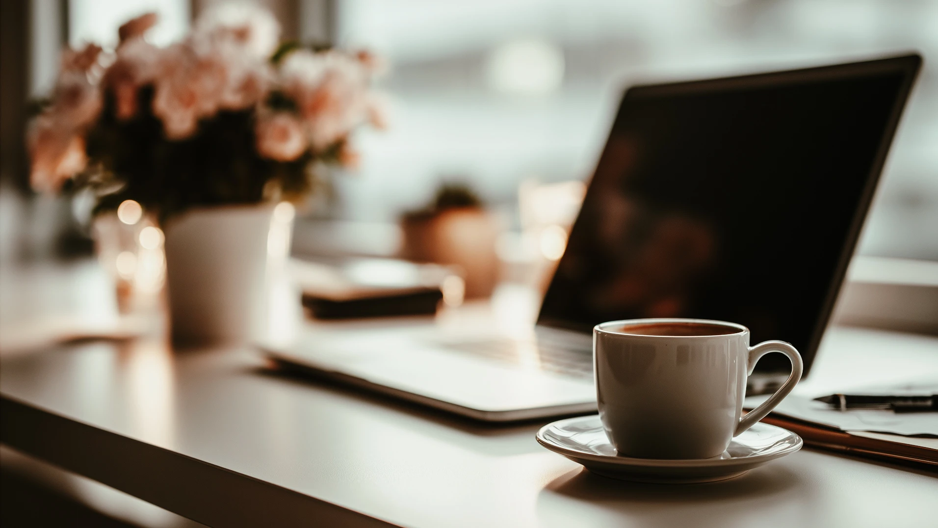 kaffekopp, laptop och blomkruka i stämningsfull bild